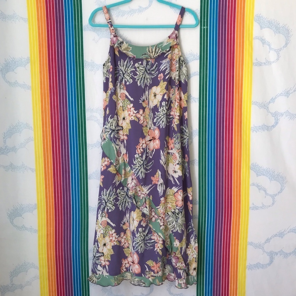 VINTAGE 90s floral tropical pastel ruffle dress medium